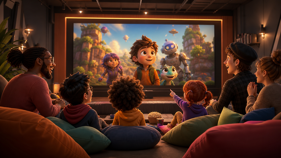 Children and adult creatives enjoying an original animated 3D cartoon screening