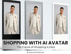 Three digital kiosks display a smiling man in white, promoting AI shopping. Text: "SHOPPING WITH AI AVATAR" and "The Future of Shopping is Here".