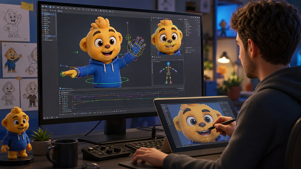 Finished 3D cartoon explainer video scene on a polished studio set