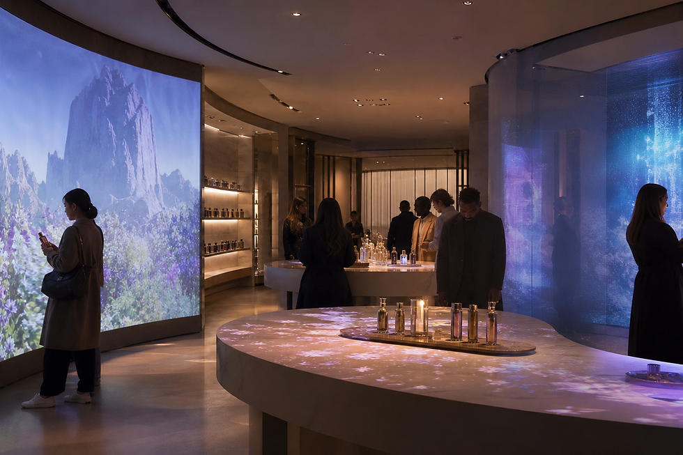 Premium immersive retail store with responsive projection surrounding shoppers and physical products