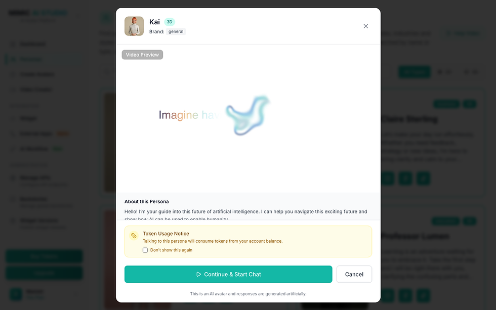 AI persona modal for Kai with video preview, token usage notice, and Continue & Start Chat and.