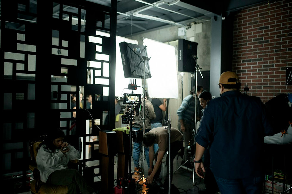 Film crew preparing a professional production set before a set extension VFX shoot