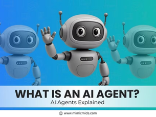 Three cheerful robots wave on a blue-green gradient background. Text reads “What is an AI Agent? AI Agents Explained.”