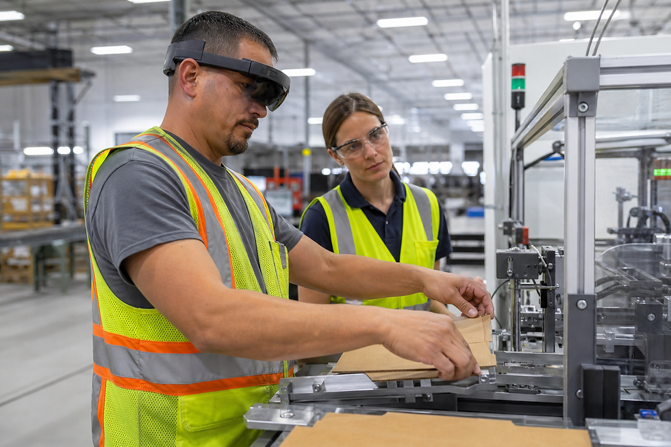 Frontline operator following augmented reality changeover guidance beside industrial equipment