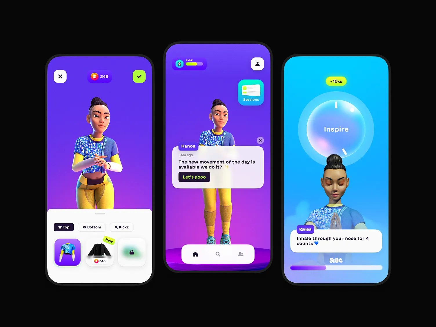 Spark health and fitness app screens featuring stylized avatar characters
