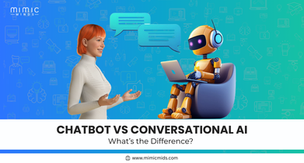 AI robot with laptop and woman talking, blue tech-themed background. Text: "CONVERSATIONAL AI VS CHATBOT. What’s the Difference?"