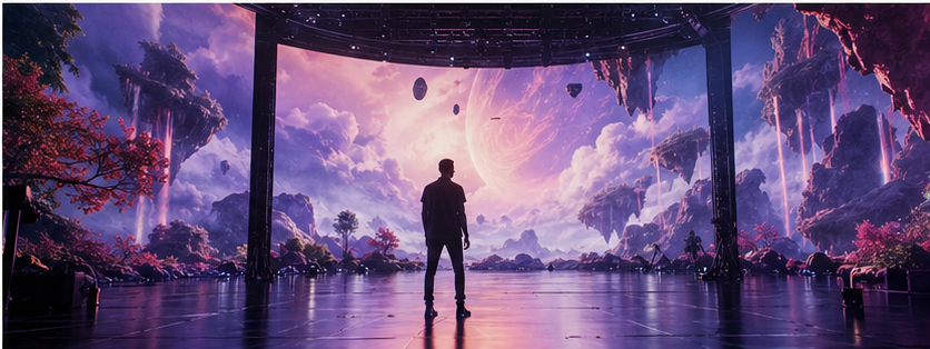 Artist silhouette inside an immersive animated music video world with virtual stage lighting