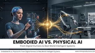 Digital human interacts with holographic interface, connected to robotic arm via glowing link in tech lab. Text: EMBODIED AI VS. PHYSICAL AI.