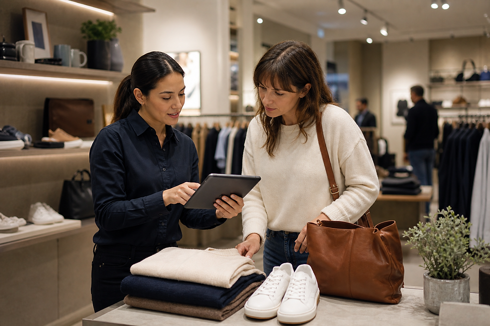 Store associate using a tablet-based AI copilot while helping a shopper compare products
