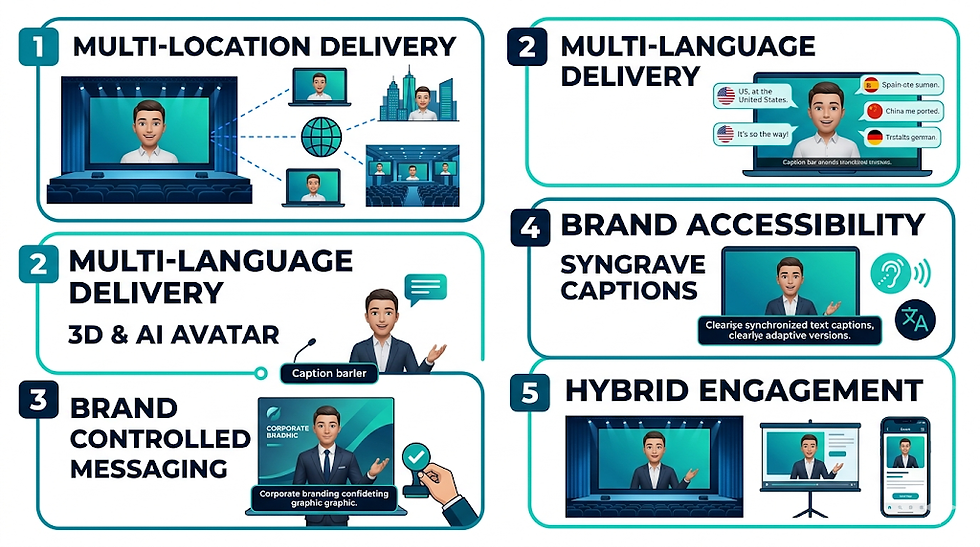 Infographic with five panels explaining multi-location and multi-language delivery using AI avatars, brand messaging, synced captions, and hybrid engagement.