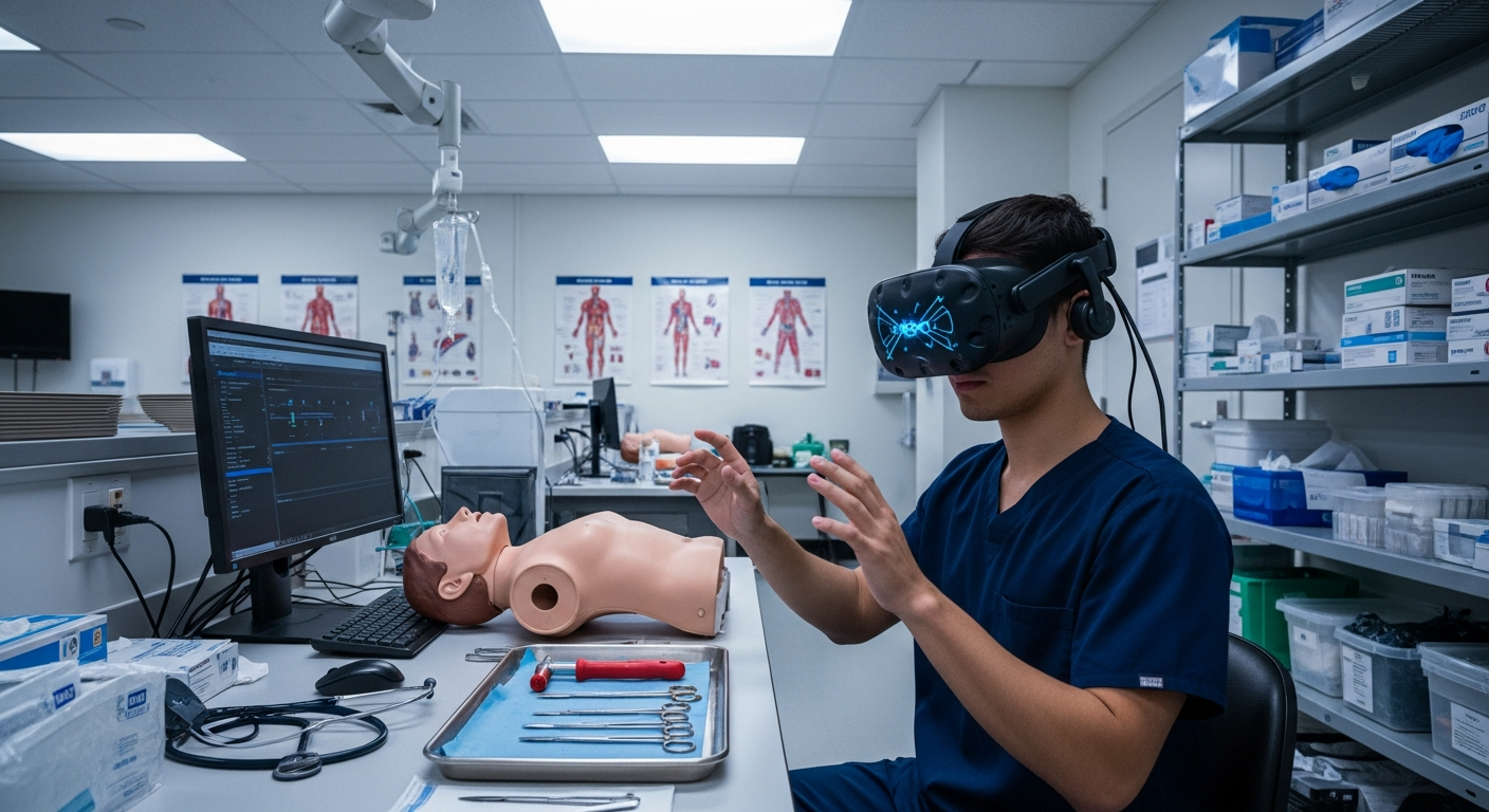 Medical student wearing a VR headset during supervised clinical training