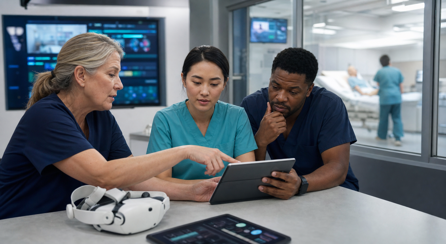 Clinical leaders reviewing XR onboarding competency data