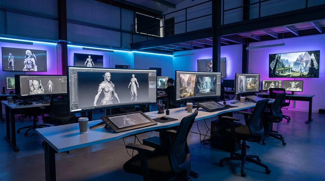 3D game art outsourcing studio interior with game character workstations - Mimic Gaming