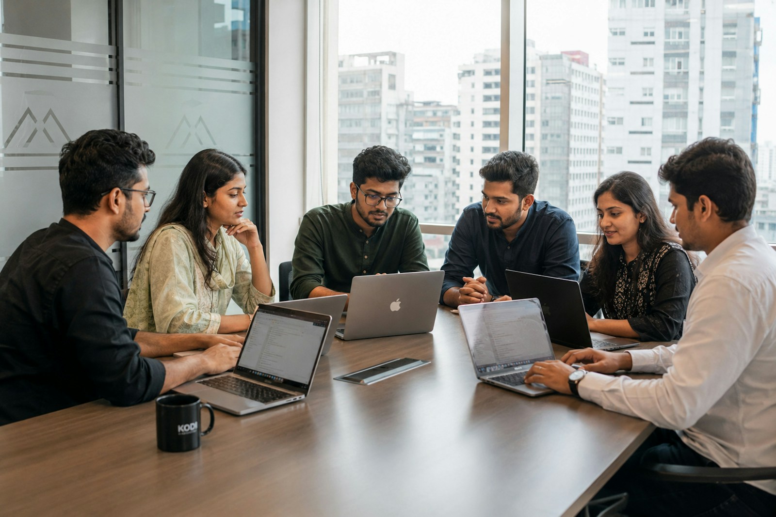 Six colleagues reviewing work together around laptops in an office