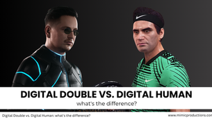 Two digital characters face each other; one in futuristic attire with glowing lines, the other in a green sports outfit. Text: "Digital Double vs. Digital Human: what's the difference?"