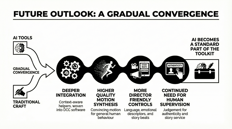 Flowchart showing gradual convergence of AI tools with traditional craft. Features include motion synthesis, authenticity, and human supervision. Black icons on white background.