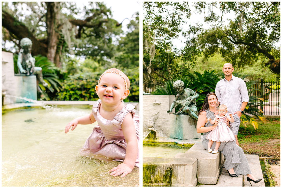 baby playing in Audubon Park's children's fountain for a photography session