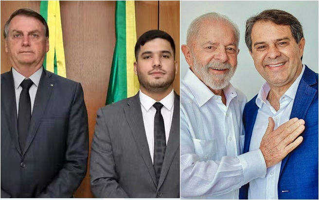 Imagem dividida ao meio, mostrando à esquerda André Fernandes ao lado de Jair Bolsonaro, ambos de terno, e à direita Evandro Leitão ao lado de Lula, ambos sorrindo e usando camisas sociais, representando a polarização política no Ceará nas eleições.