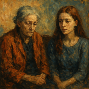 Pintura impressionista de mãe idosa e filha adulta sentadas em silêncio, expressando distanciamento emocional e tensão familiar em ambiente interno.