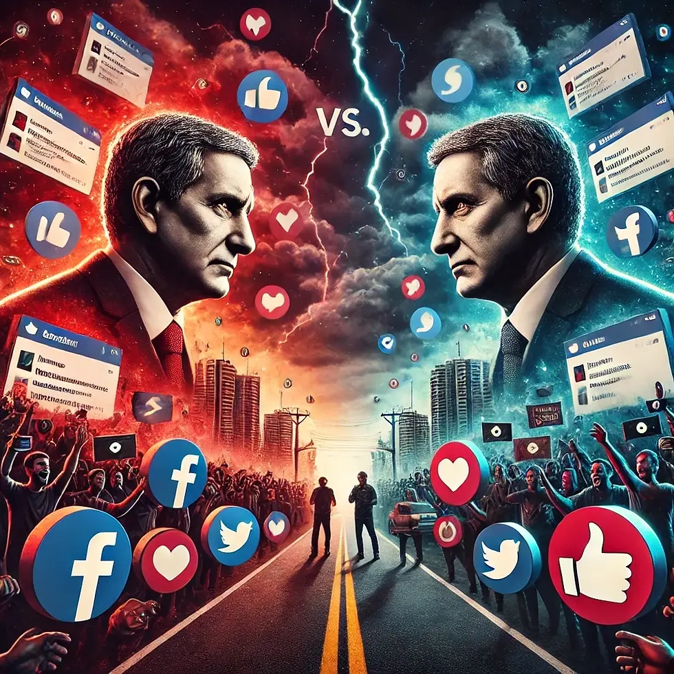 Imagem ilustrando a disputa eleitoral de segundo turno de 2024 no Brasil, com dois candidatos políticos opostos simbolizando ideologias da direita e esquerda, cercados por ícones de redes sociais como Facebook, Twitter e WhatsApp, representando a intensa batalha de informações e manipulação digital.