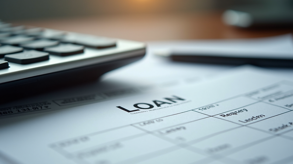 Close-up view of a calculator and loan documents on a desk