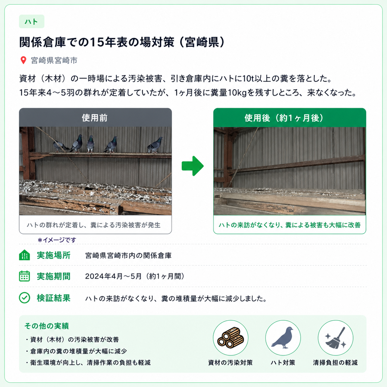 宮崎県の倉庫でのハト対策 導入事例