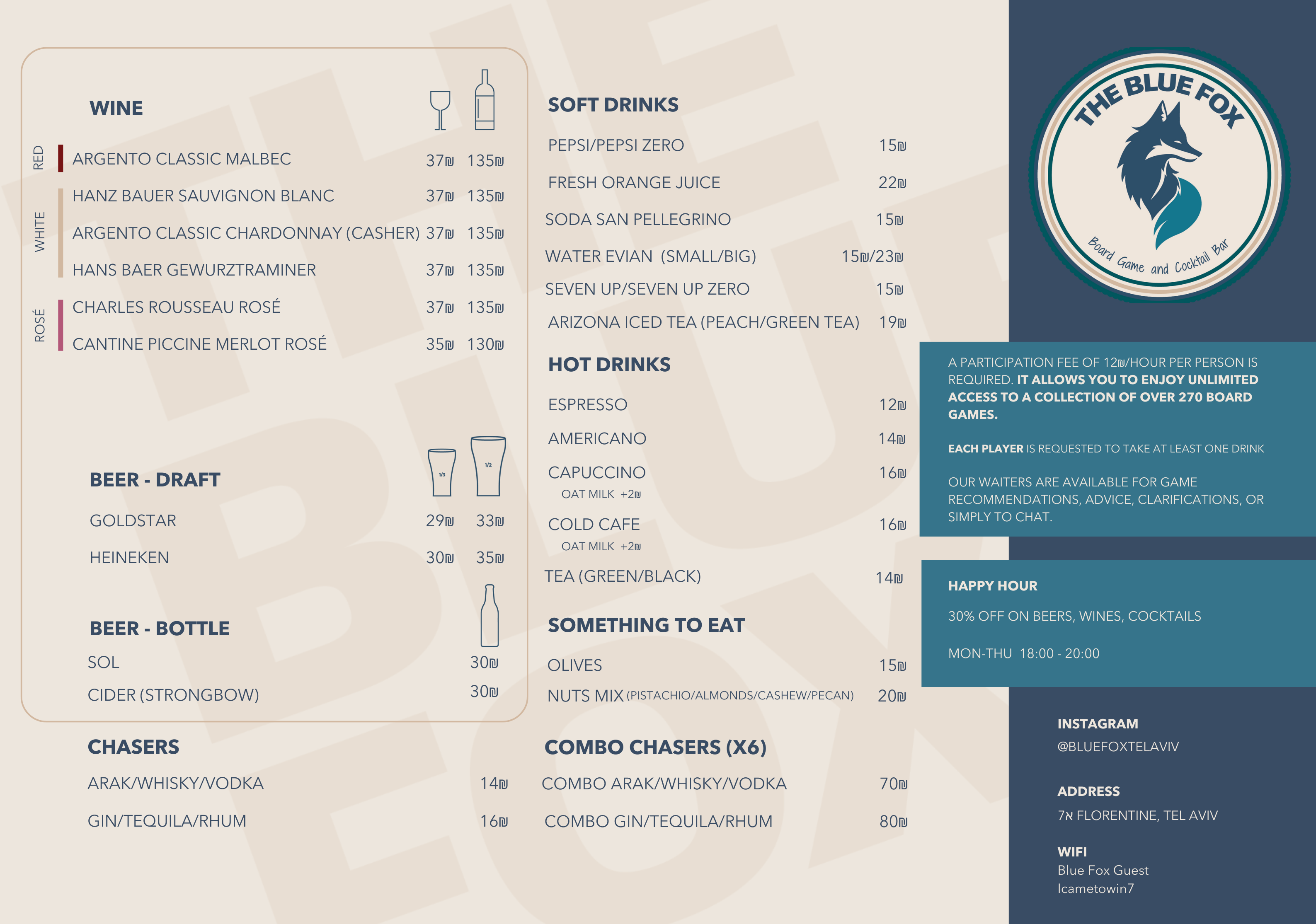 Menu of everthing, outside cocktails