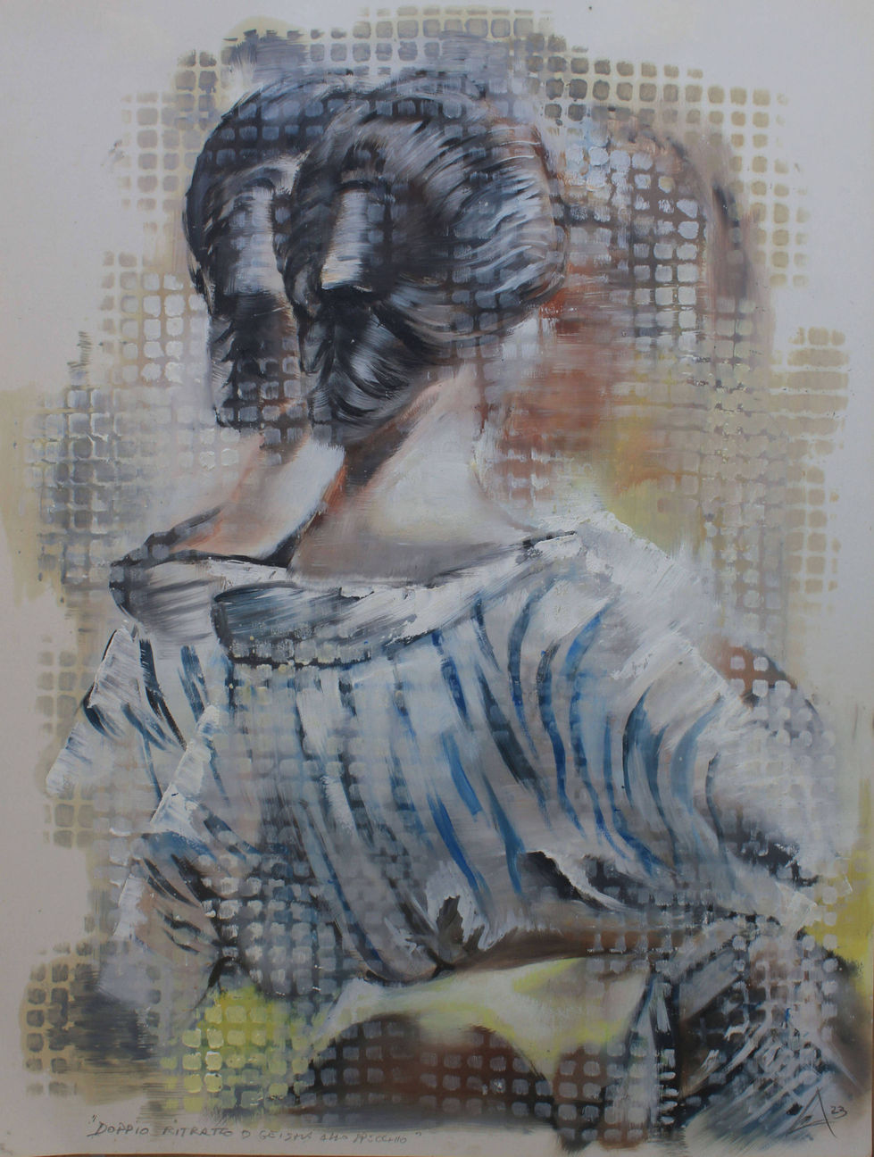 Doppio ritratto di geisha allo specchio, olio su carta, 40 x 30 cm, anno 2023