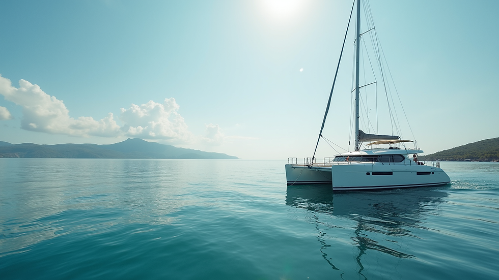 Vue rapprochée d’un catamaran Lagoon 42 naviguant sur une mer calme