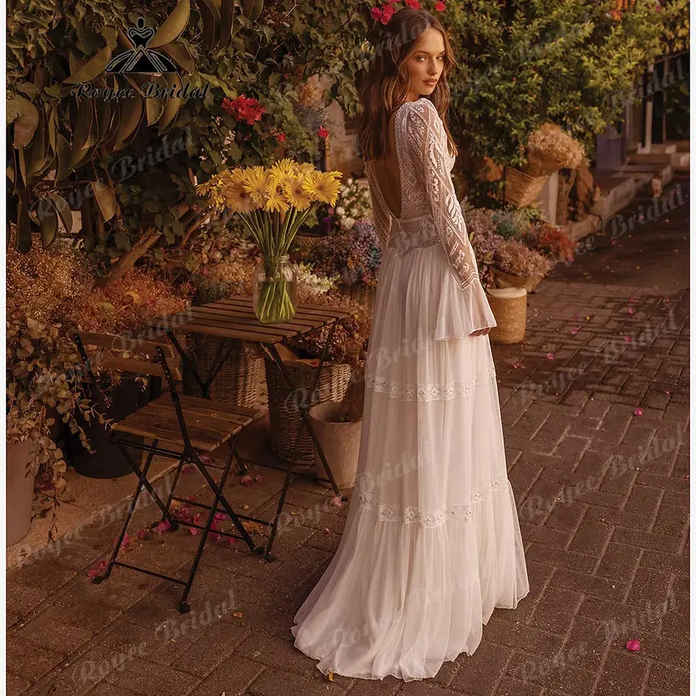 Thumbnail: Elegant Bohemian V-Neck Long Sleeve Wedding Dress for Women Backless Bridal Gown