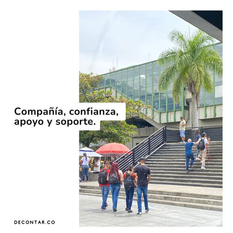 Personas ciegas de espaldas, caminando y subiendo unas escalas