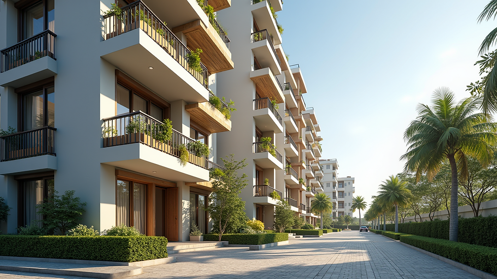 Eye-level view of a modern apartment building exterior