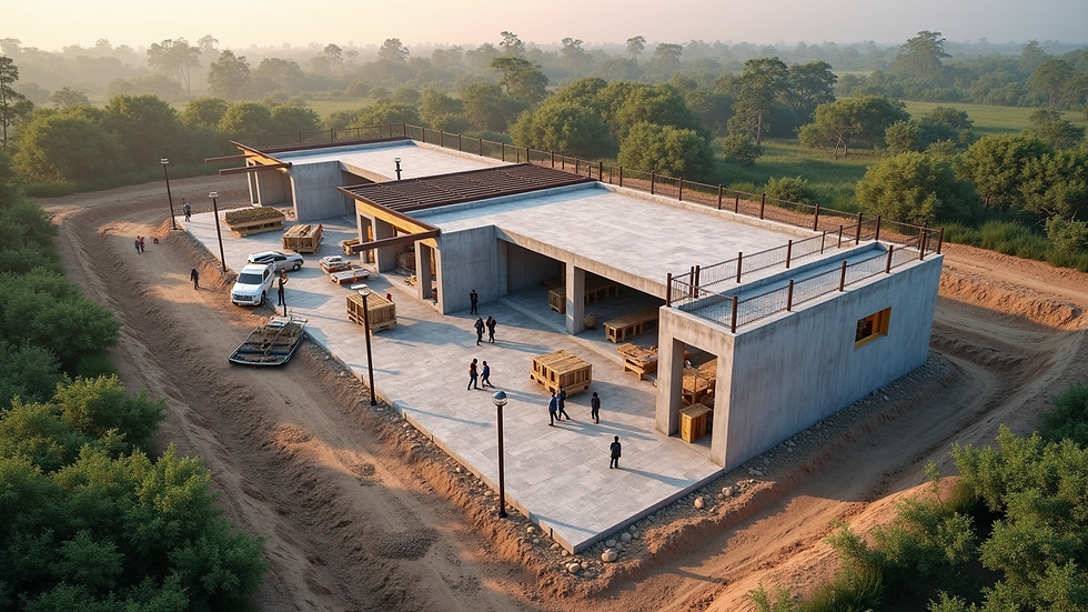 High angle view of a construction site showing reinforced concrete beams