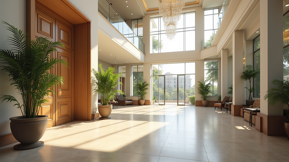 High angle view of a clean and well-maintained apartment lobby