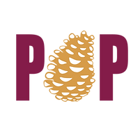 Two burgundy "P"s with a yellow illustrated pinecone in the middle.