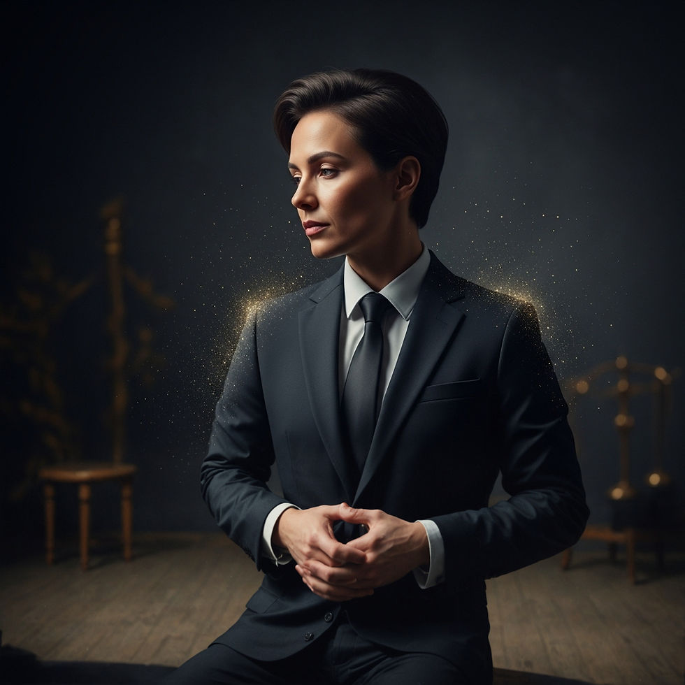 Person in a suit sits pensively, surrounded by a subtle golden glow in a dark room with wooden floor and faint furniture. Elegant mood.