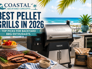 Modern pellet grill in a luxury coastal outdoor kitchen with smoked barbecue, hardwood pellets, and an oceanfront patio on a sunny day.