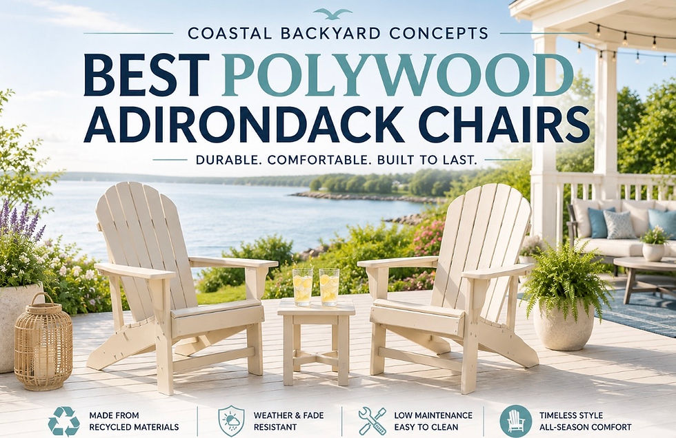 Two white POLYWOOD Adirondack chairs on a bright coastal patio overlooking the water with lush landscaping and a sunny blue sky