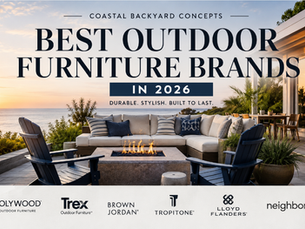 Luxury outdoor patio furniture overlooking the water with Adirondack chairs, a modern sectional sofa, and a fire pit at sunset.