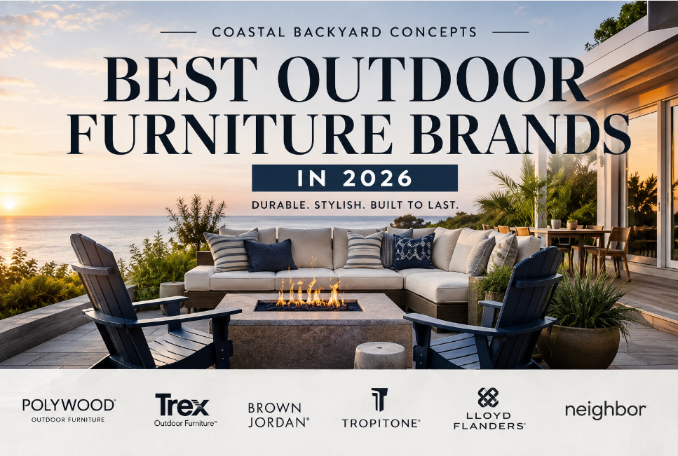 Luxury outdoor patio furniture overlooking the water with Adirondack chairs, a modern sectional sofa, and a fire pit at sunset.