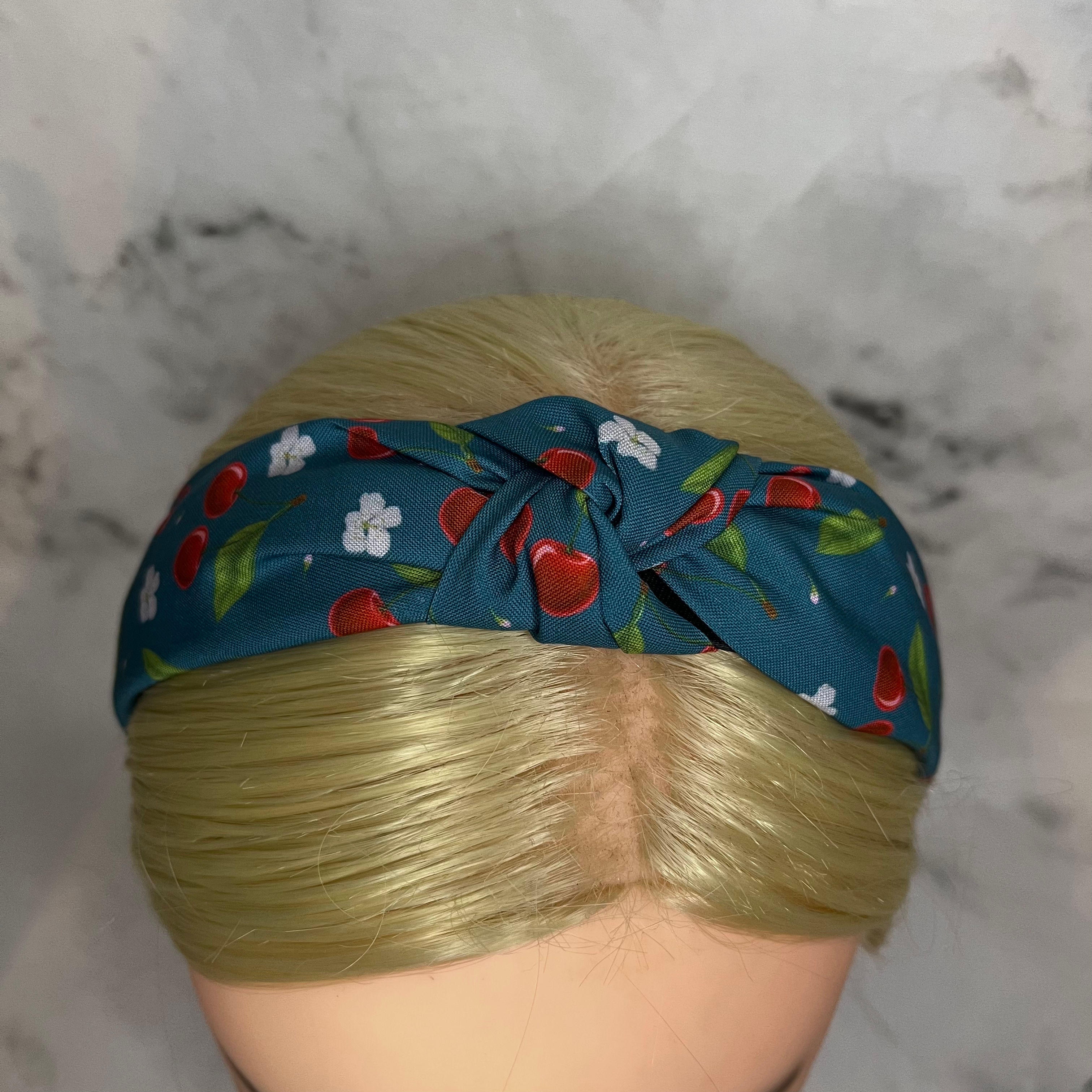 Cherries on Teal Knotted Head Band