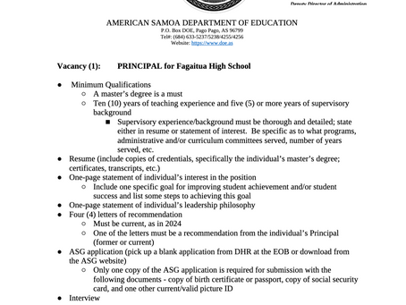 Vacancy for a Principal of Fagaitua High School