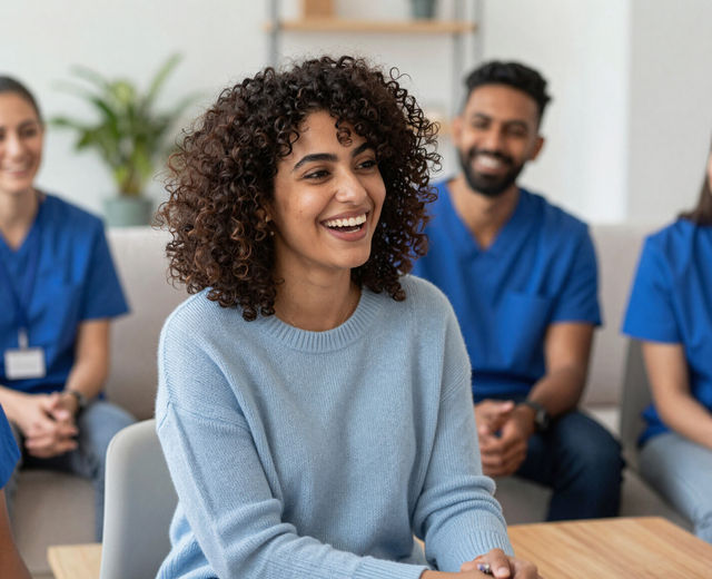 A friendly team of support workers smiling together