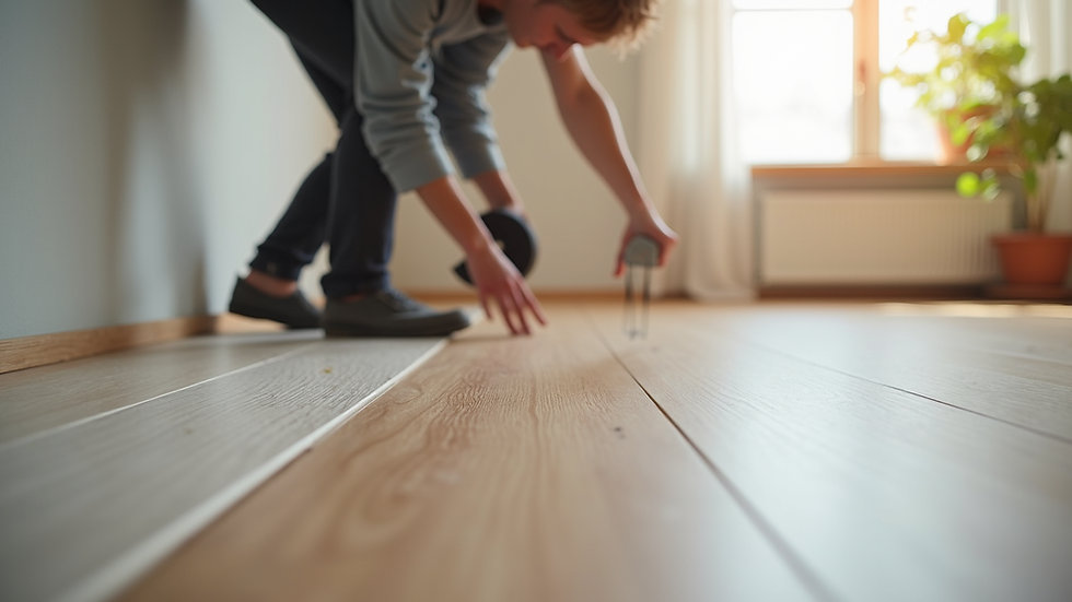 Eye-level view of vinyl plank flooring being installed in a residential room