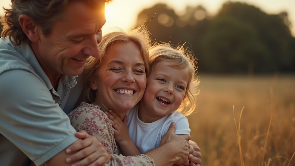 Eye-level view of a family embracing during a reunion