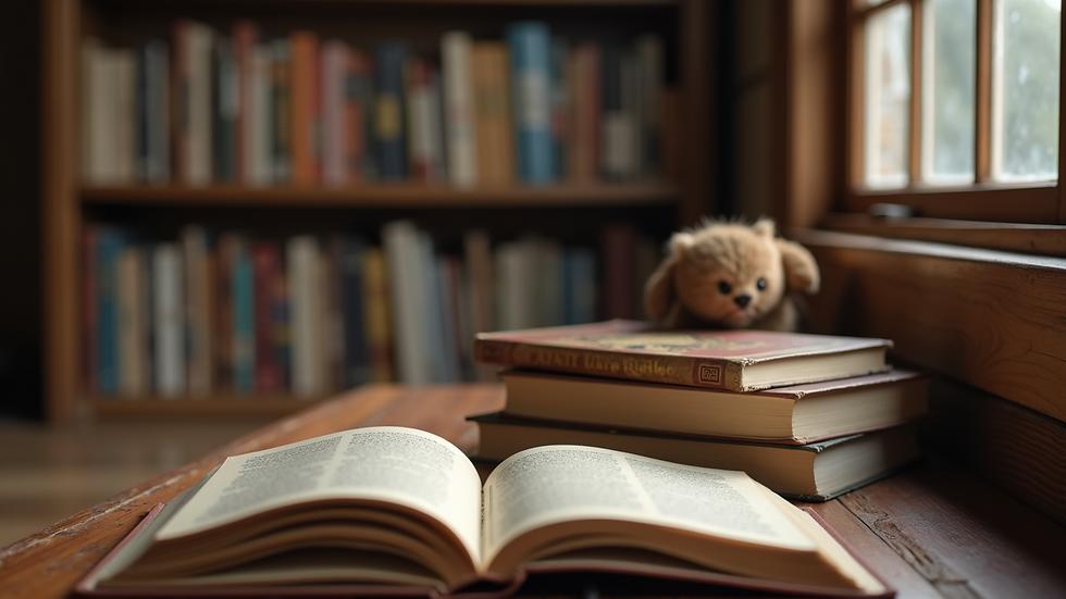 Eye-level view of a cozy reading nook with a stack of books