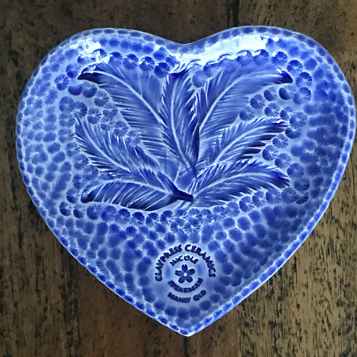 Small Royal Blue Feather Heart-Shaped Dish