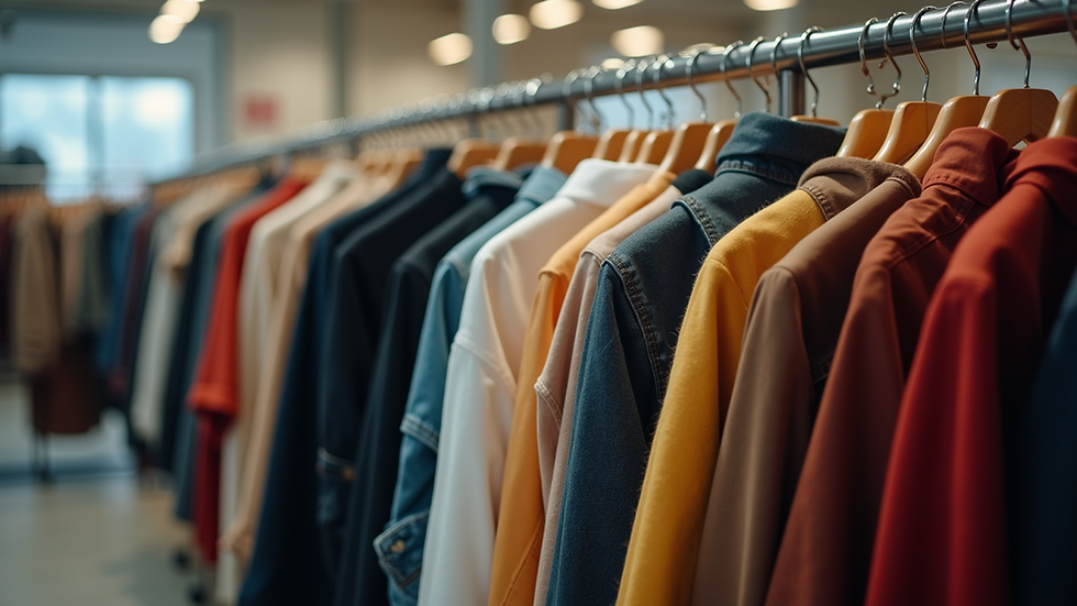 Eye-level view of a clothing rack displaying various oversized apparel