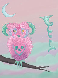 horned owl, owl illustration, fantasy art, skull art, colorful art, jessica linero art