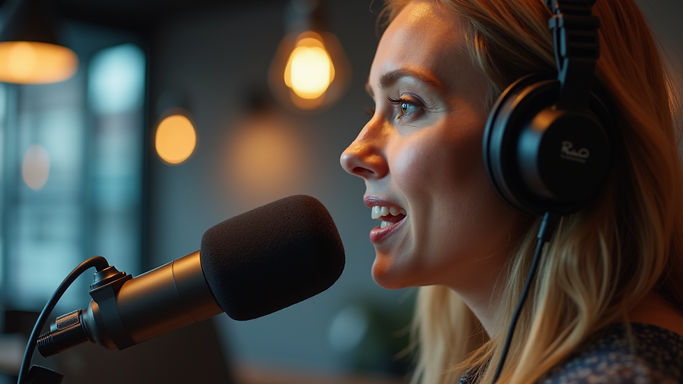 Eye-level view of a radio host speaking into a microphone